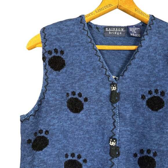 Vintage 90s Cat Knit Sweater Vest Small Rainbow Bridge Blue Sleeveless - Picture 3 of 7